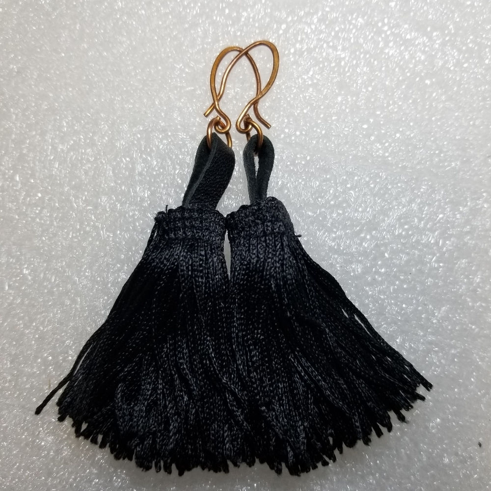Leather and Copper Boho Hippie Black Tassel Earrings.